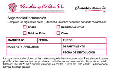Vending Colón S.L. tabla de sugerencia